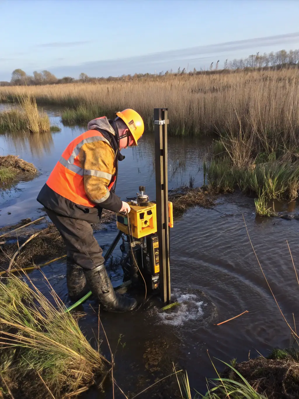An image of a technician using the Wink Vibracorer to collect a soil sample in a wetland environment. The focus is on the portability and minimal impact of the equipment.