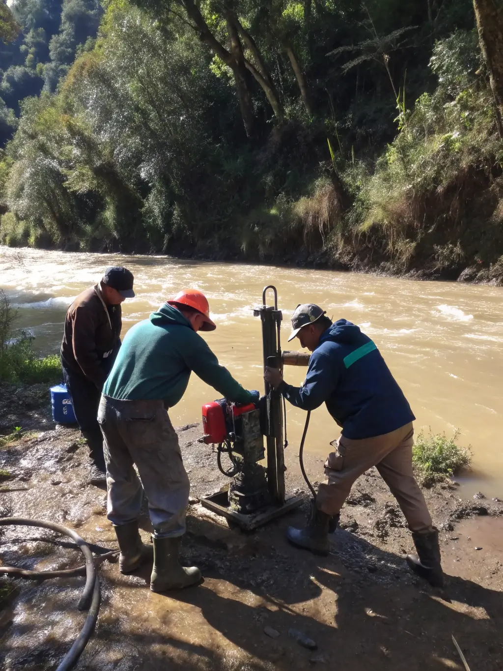 A photo of Easycore Geo's team setting up the Wink Vibracorer on a muddy riverbank, showcasing its portability and ease of setup in challenging environments.
