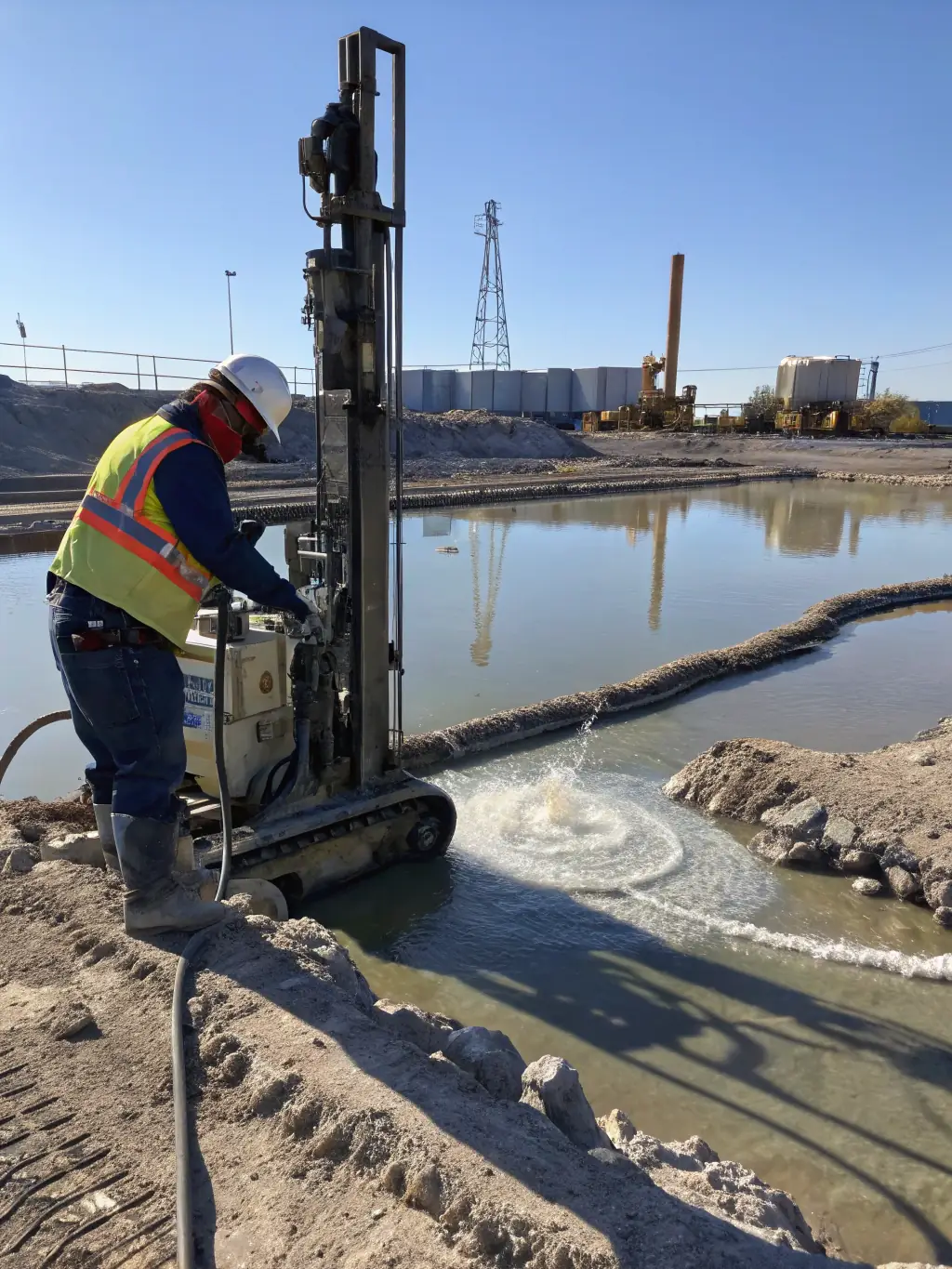 An image of the Wink Vibracorer extracting a core sample from a tailings pond, showcasing its ability to handle challenging materials.