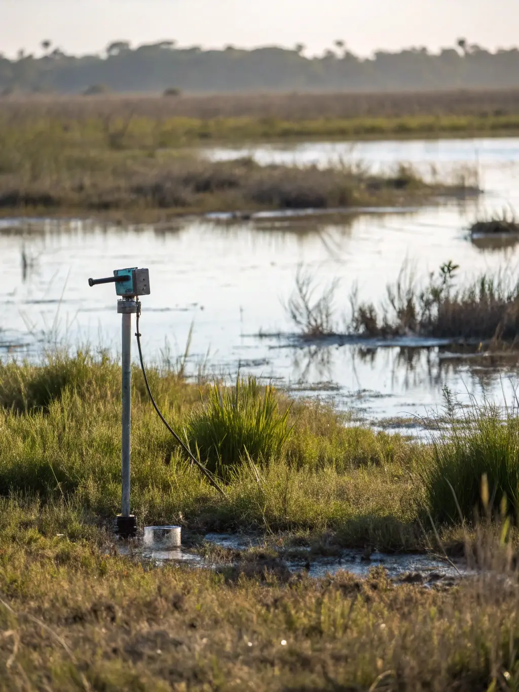 An image showcasing the minimal footprint of the Wink Vibracorer in a wetland environment, emphasizing its low environmental impact.