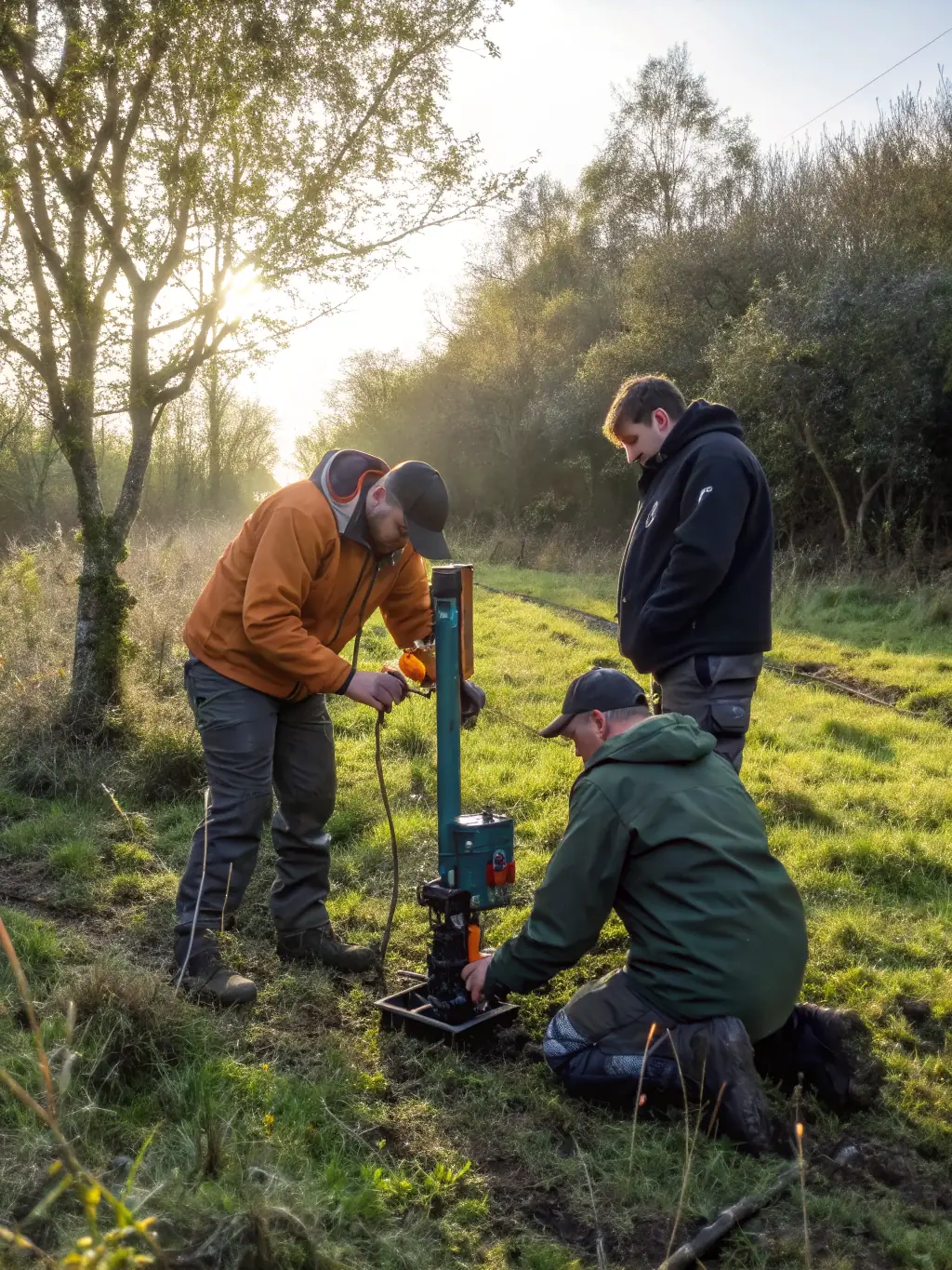 An image of the Easycore Geo team setting up the Wink Vibracorer at a remote site, emphasizing its portability and ease of deployment.